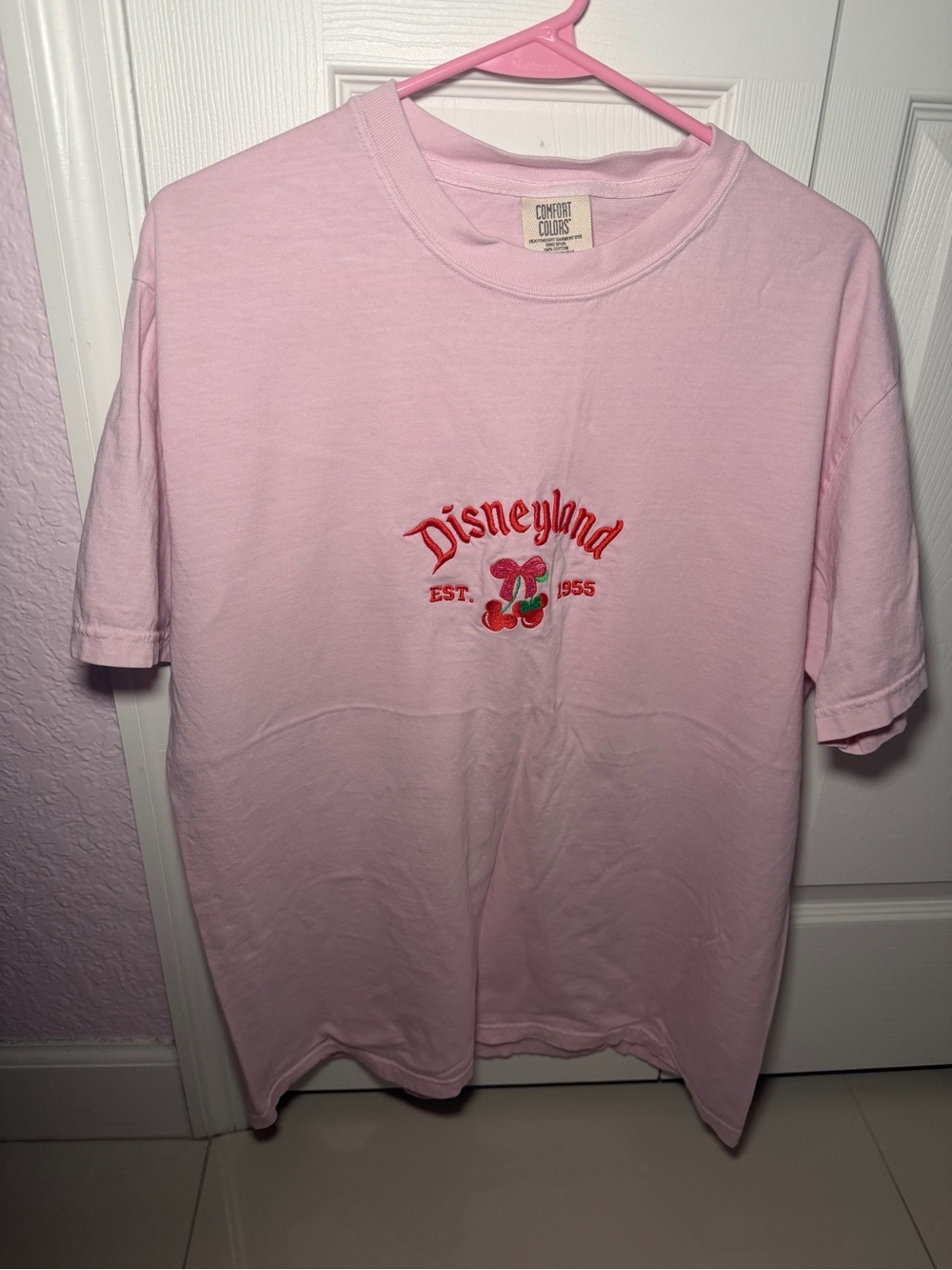 Disneyland 1955 Embroidered Cherry Bow Comfort Colors T-Shirt Pink